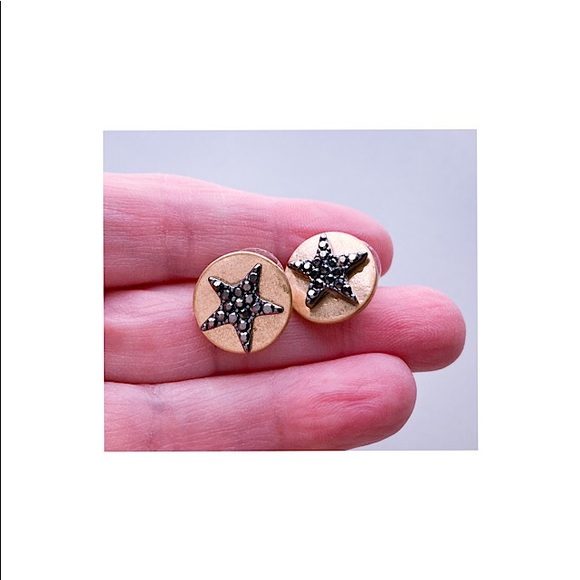 Earrings Star Round Disc Black Crystal Pave Golden - Picture 3 of 7